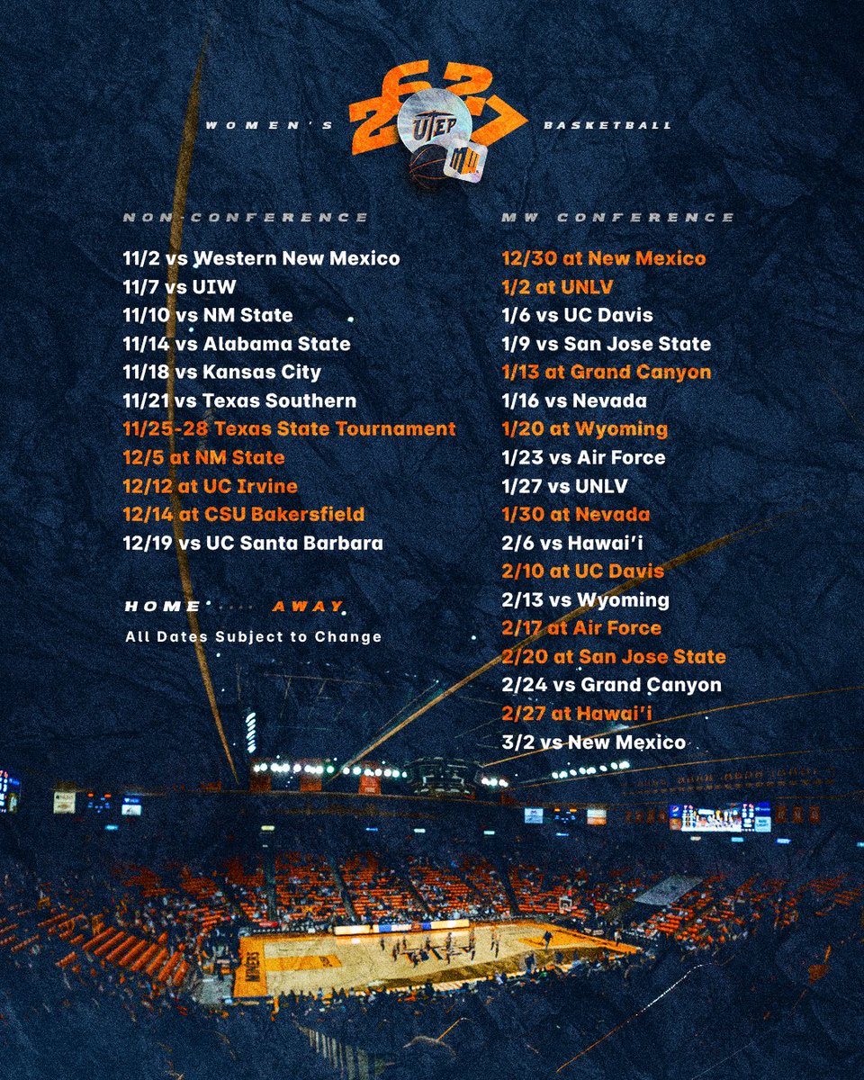 UTEPWBB's tweet photo. 📅 𝐓𝐡𝐞 𝟐𝟎𝟐𝟔-𝟐𝟕 𝐬𝐜𝐡𝐞𝐝𝐮𝐥𝐞 𝐢𝐬 𝐡𝐞𝐫𝐞 ⛏️

🔸First 6 of 16 totals games at the Don!
🔹Mountain West Era Begins
🔸Coach Adams’ 20th season at UTEP! 

#PicksUp https://t.co/XT5ZPV1JD4