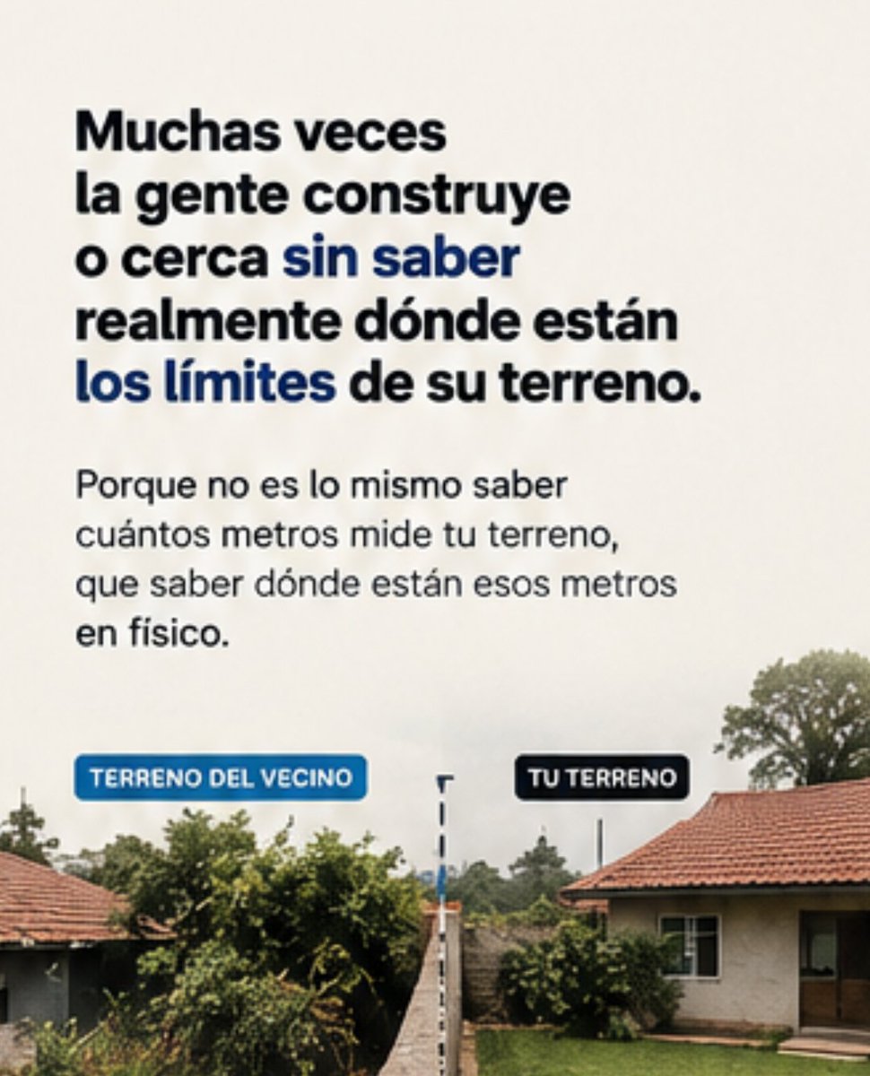 b3torojas's tweet photo. ¿Sabías que puedes invadir el terreno de tu vecino sin saberlo?

Conocer las medidas de un terreno no siempre significa conocer sus límites reales en campo.

Antes de construir o cercar, verifica dónde están los límites de tu propiedad.

 El deslinde ayuda a prevenir conflictos. https://t.co/7gwRtplVyM