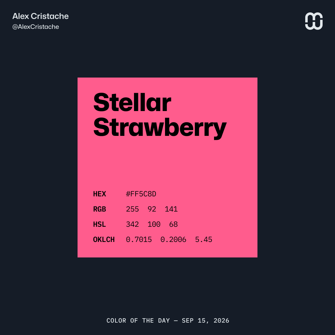 AlexCristache's tweet photo. Got caught up in the launch of the new #MicroPalettes ebook (link in pinned post on my profile) that I forgot to post yesterday's #ColorOfTheDay.
So, today we get two colors and their ramps.
"Stellar Strawberry" (FF5C8D) and "Folk Song" (65A19F). https://t.co/ZW1muZecjs