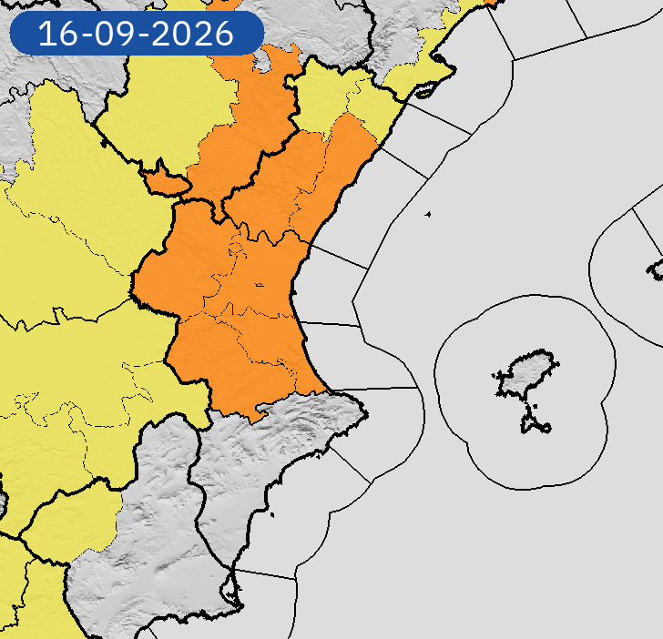 AEMET_CValencia's tweet photo. 16/09 21:30 AVISOS HOY Y MAÑANA | Comunitat Valenciana: lluvias y tormentas. Nivel máximo de aviso: naranja.
Actualizaciones en https://t.co/R3Fs2JzKgr https://t.co/2sFZckARSl