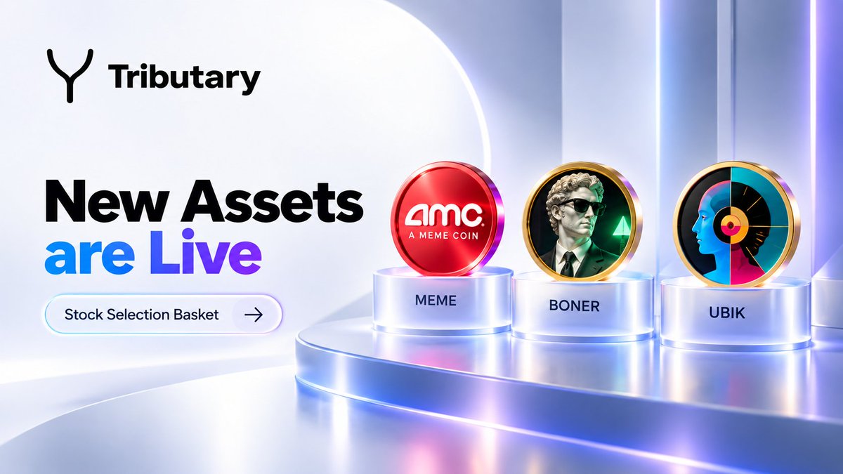 Tributary_RH's tweet photo. New assets are live on Tributary.

$UBIK
robinhood:0x98096d17e191b3da1d5f99a6d7b3584351b11e18 
$MEME

All four are now available in the Stock Selection Basket for rewards.

Pick your assets.
Set your weights.
Let Tributary handle the rest.

What should we add next?