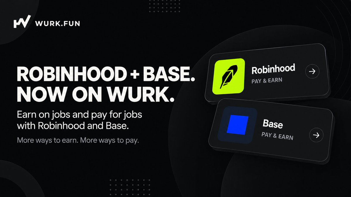 WURKDOTFUN's tweet photo. @RobinhoodCrypto and @BASE are now live on WURK.

- Post jobs and pay on your chain
- Complete jobs and earn on your chain

No excuses. Start now 👉 https://t.co/58A5y4va8c https://t.co/T1kDBQva0o