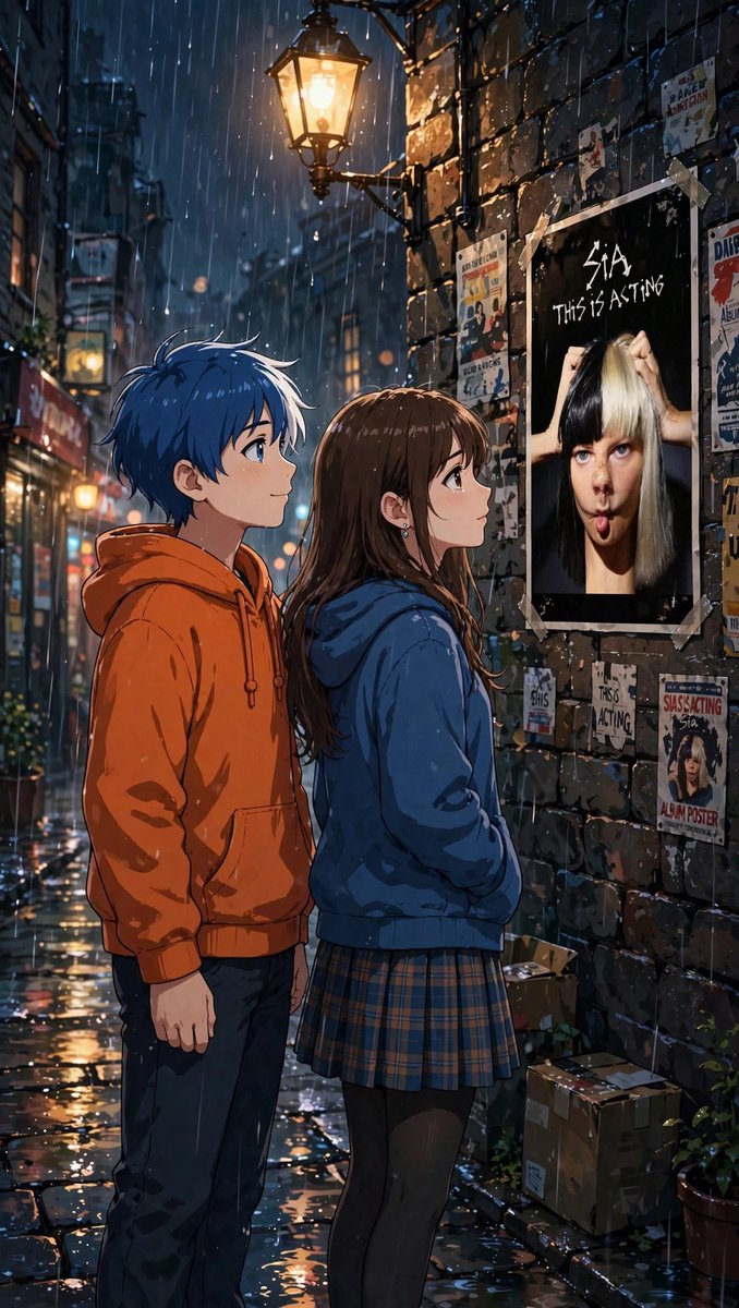 SiaUnchained's tweet photo. My OCs Lorian & Shaïliyah reunited.
Rain, a brick wall, a Sia poster.
Lorian: "Does she pretend to be strong too?"
Shaïliyah: "No. She sings what we can't say."
Original story / digital art 🧡💙
#OC #OriginalCharacter #LorianAndShailiyah #Sia #ThisIsActing #digitalart https://t.co/WH5SNu8Yar