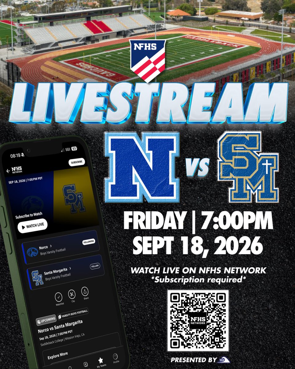norcofootball's tweet photo. WATCH FROM ANYWHERE.

Norco vs. Santa Margarita.
Friday. 7 PM.

Live on the NFHS Network. A paid NFHS Network subscription is required to watch. https://t.co/PwHDAo6vNj