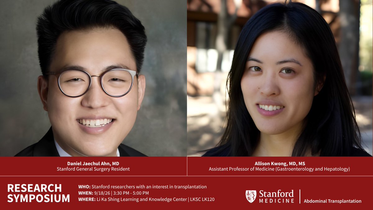 StanfordAbdTxp's tweet photo. Join us tomorrow for the Stanford Transplant Research Symposium on Sept. 18, 2026!

Connect with Stanford researchers &amp; learn about innovative work in transplantation, including AI-enabled research for liver transplant outcomes &amp; challenges in the donor heart allocation system. https://t.co/S7mzEhGxQS