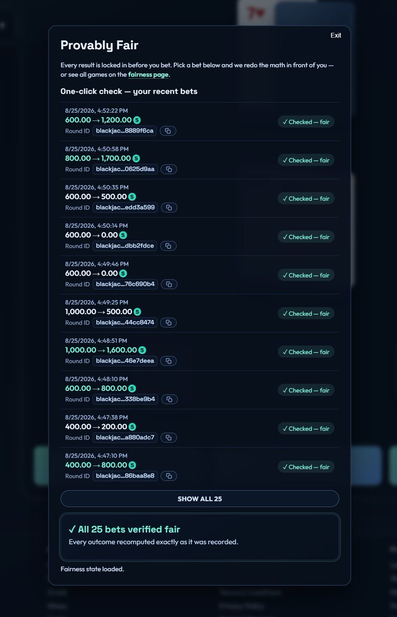 LagoonBet's tweet photo. Don't trust us. Check the hand yourself.

Every result is locked in before you bet. One tap recomputes it after. Wins and losses alike.

https://t.co/NjKHi2SAus

21+. No purchase necessary. T&amp;C apply. https://t.co/jw4fQ3HdZU