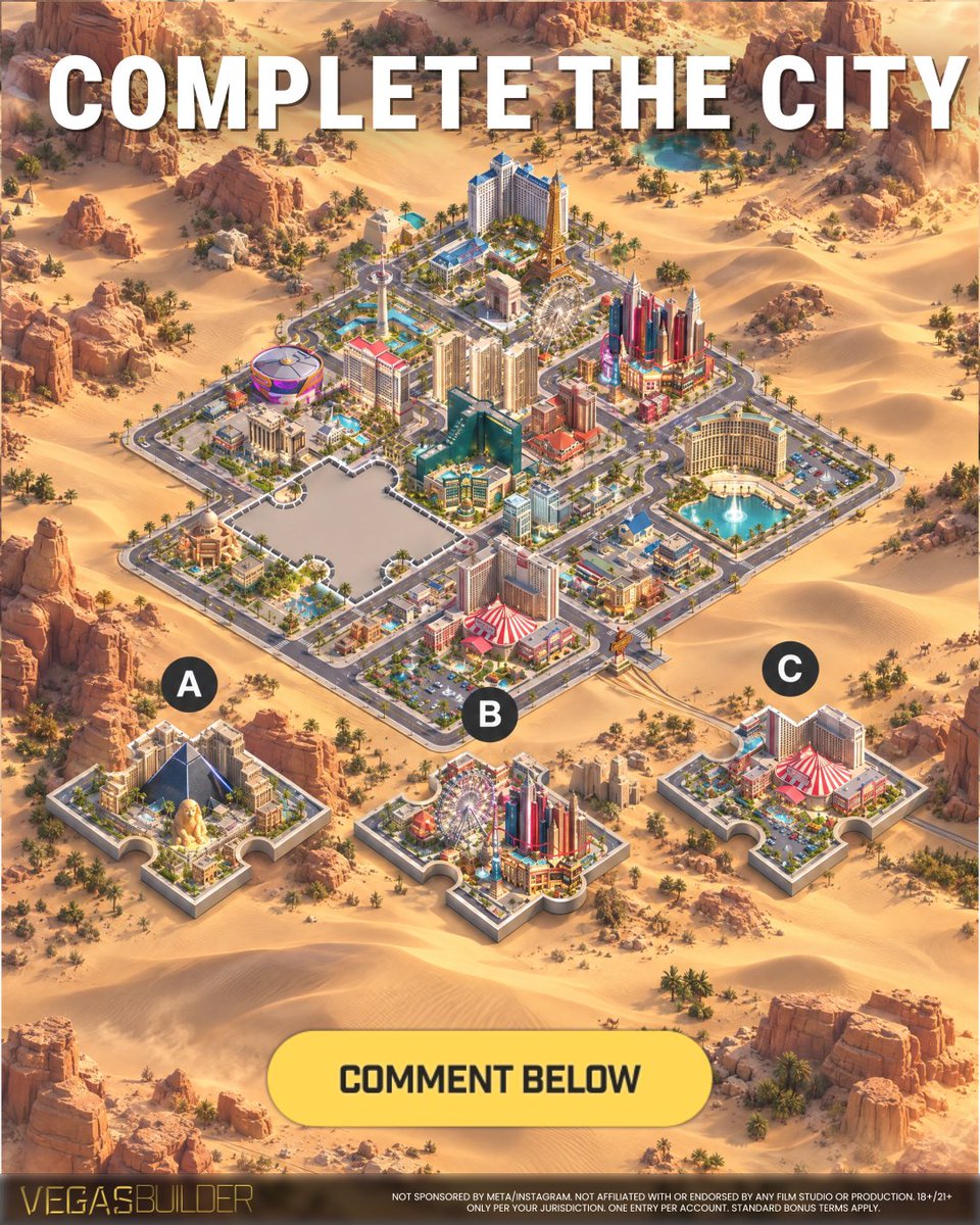 Vegas_Builder's tweet photo. 🧩 COMPLETE THE CITY 🧩  

One piece is missing from the skyline. Is it A, B, or C?  
Comment your answer + your username to enter. No username = no entry.  

🎁 20 winners get 25 Free Spins each 
⏰ Ends Friday 12PM EST 
#VegasBuilder   
No purchase necessary. T&amp;Cs apply. https://t.co/IpGBBfsKLf