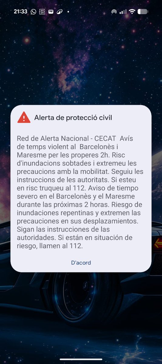 emergenciescat's tweet photo. Alerta #INUNCAT
#ProteccioCivil ha enviat un ES-Alert als telèfons mòbils del Barcelonès i el Maresme per un avís de temps violent durant les properes 2 hores.
➡️ Risc d’inundacions sobtades
➡️ Extremeu les precaucions en la mobilitat
➡️ Seguiu les indicacions de les autoritats https://t.co/re2gsIwfLt