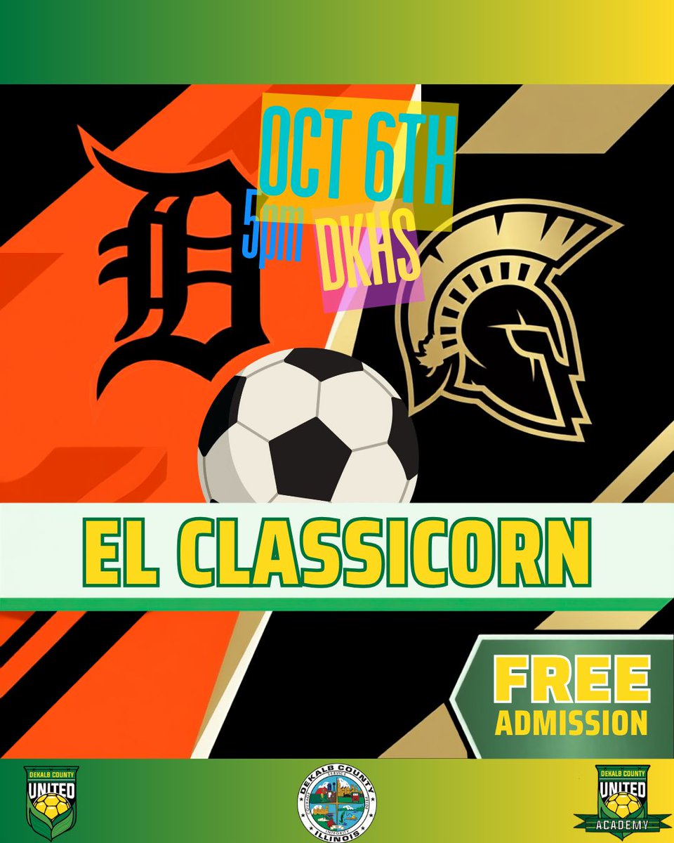 dkcunited's tweet photo. Rivalry night in DeKalb County is back Oct 5th! ⚔️ DeKalb hosts Sycamore in the annual El Classicorn soccer match.

🆓 Admission is 100% FREE

⏰ Kickoff at 5:00 PM @ DeKalb High School

Bring the family and wear your side's colors! Who’s taking home the bragging rights? 🌽⚽️ https://t.co/W7gAC0fltS