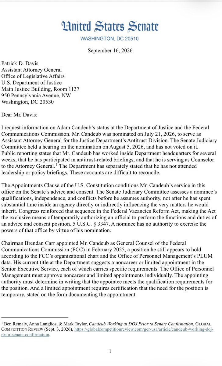 rebeccamkern's tweet photo. Scoop for @Capitol_Forum - @SenBooker wrote to @TheJusticeDept asking if Antitrust Chief nominee Adam Candeub is working on competition issues, given he’s not even been confirmed in the Senate. DOJ has said he’s been a “counselor” to @AGToddBlanche since he was nominated. https://t.co/m9ilpmXrRC