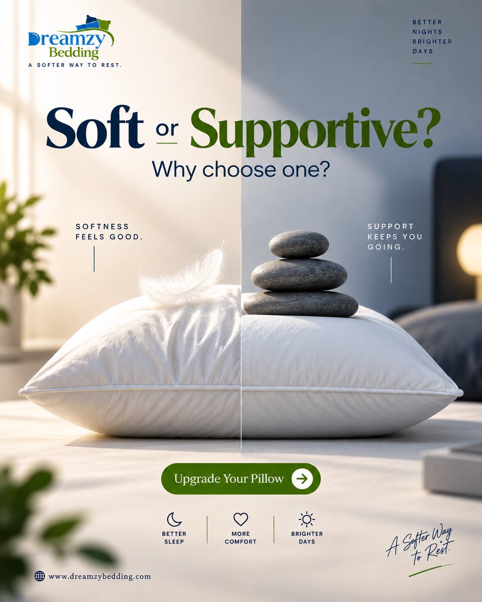 dreamzybedding's tweet photo. Soft or supportive? Why choose one?

The right pillow should give you both: softness you feel and support you can rely on.

Rethink comfort. Rethink rest.

#DreamzyBedding #BetterSleep #SleepComfort https://t.co/Ghl1zmp1oQ