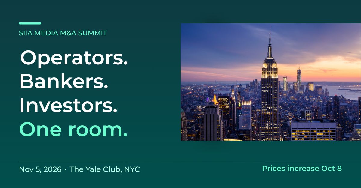 SIIA's tweet photo. Operators. Investment bankers. PE investors. Deal lawyers. Corp dev teams.

The SIIA Media M&amp;A Summit is the only B2B media event that brings them all into one room to talk deals, valuations and what’s next for M&amp;A.

📍 NYC | Nov. 5
Early bird ends Oct. 8: https://t.co/Beve10GaZq https://t.co/sGxVgo2PEC