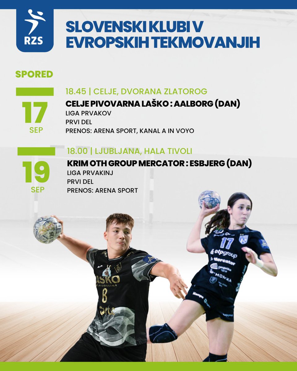 rzs_si's tweet photo. Med evropsko elito ta teden spopad slovenskih prvakov z danskima. Srečno, @RKCPL in @RKKrim!💪🇸🇮

#ehfcl https://t.co/ZtwypFQ4xC