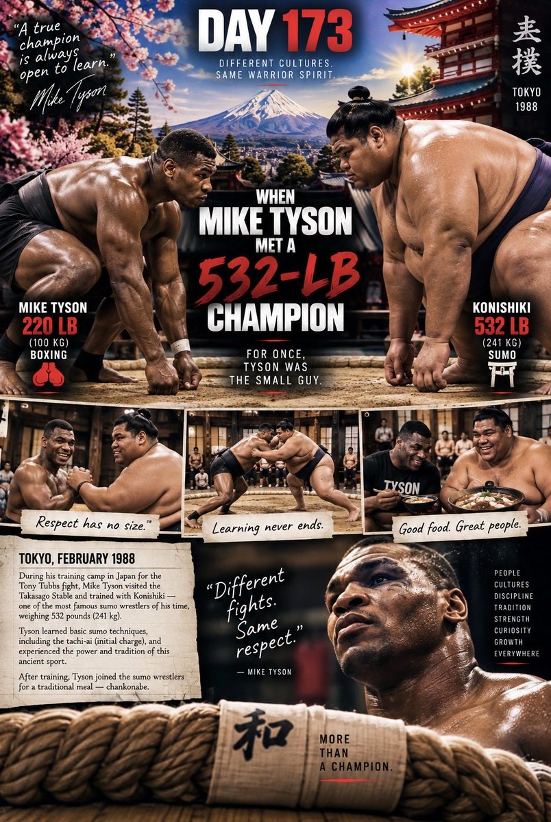 YuryIak's tweet photo. DAY 173
In 1988, Mike Tyson trained in sumo with 532-lb (241 kg) Konishiki in Tokyo. Tyson weighed just 220 lb.
For once, the most feared heavyweight on Earth was the small guy. 🥊🇯🇵
#MikeTyson #BoxingHistory #Day173 https://t.co/j3gwBU8Puz