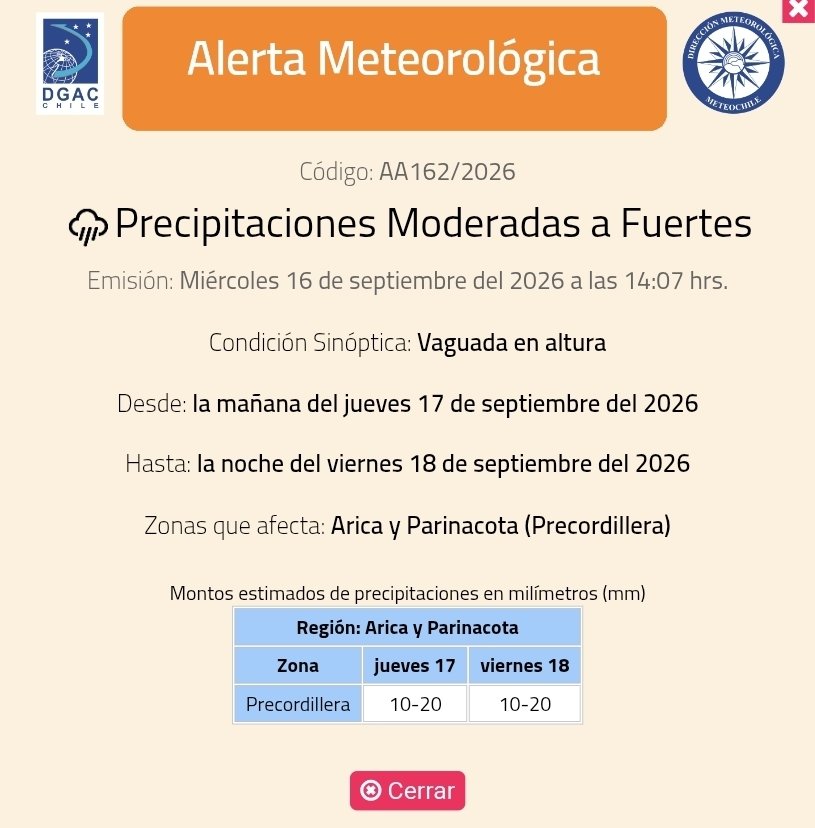 meteochile_dmc's tweet photo. 🚨#ALERTA AA162/2026
🌧#Precipitaciones Moderadas a fuertes
📍 En zonas de la Región de #AricayParinacota.
🗓️ Desde la mañana del jueves 17 hasta la noche del viernes 18 de #septiembre.
⚠️ Sigue las recomendaciones de las autoridades @Senapred y recuerda revisar el pronóstico y Alertas oficiales para 🇨🇱 en la APP #Meteochile y la web 🔗https://t.co/dJF2sVOgm4
#Chile