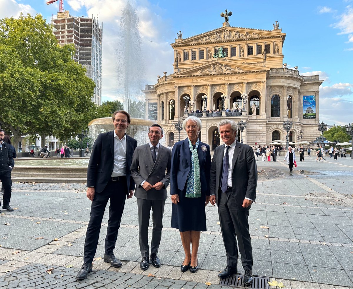 Lagarde's tweet photo. Delighted to join Lord Mayor Mike Josef, Philippe Oddo, Managing Partner of ODDO BHF, and Alte Oper’s Managing Director, Markus Fein, for the Season Opening. https://t.co/cd3kXSKDS5