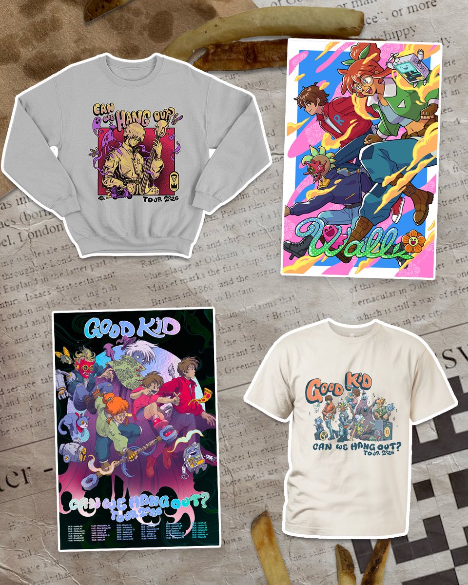 goodkidband's tweet photo. 🗣️ Introducing the “Can We Hang Out?” EU/UK Tour Merch line up!!! Including ✨2 brand new items✨
The Good Kid X Last Dinos Tour Tee and Poster (available in both holo and regular)!!! 🦖 https://t.co/rT9I7yALoB