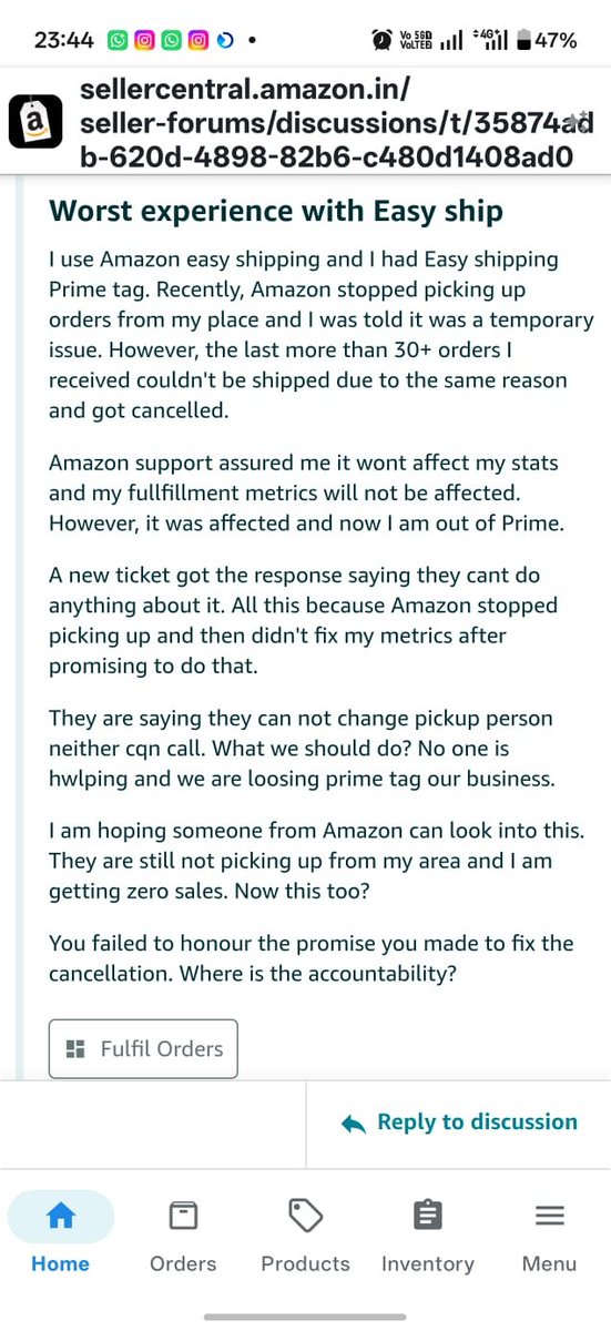 seofaizan7's tweet photo. @amazonindia @AmazonHelp @amazonindia @AmazonHelp This is NOT an isolated issue. Multiple sellers are reporting Easy Ship pickup failures, cancelled orders &amp; affected seller metrics. We’re facing the same: 5 parcels picked up but still “Waiting for Pickup” + cancellations. Fix this before sellers suffer https://t.co/V661fG5lxW