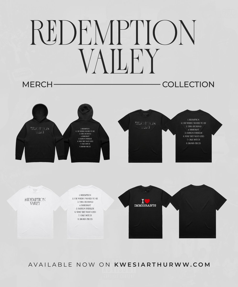 KWESIARTHUR_'s tweet photo. Redemption Valley Merch. 

Now available on https://t.co/o0Ear7IZZv 

Tap in! https://t.co/gxI1DUwhAU