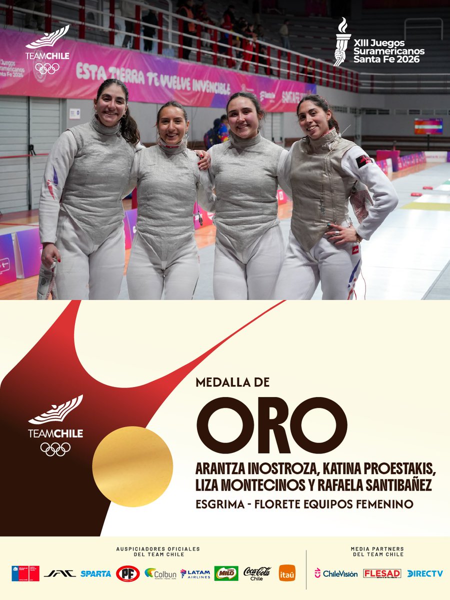 TeamChile_COCH's tweet photo. ¡ÍDOOOOLAS! 😍🤺🇨🇱

El equipo femenino de florete 🤺integrado por Arantza Inostroza, Katina Proestakis, Lisa Montecinos y Rafaela Santibáñez se coronó BICAMPEÓN de Juegos Suramericanos 🇦🇷, tras vencer a Brasil 🇧🇷 (45-33) y revalidar el triunfo obtenido en Asunción 2022 🇵🇾.

DEVORANDO LAS CABRAAAAS ❤️❤️❤️.

#VamosTeamChile 🇨🇱