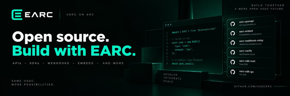 useEARC's tweet photo. Don't just use EARC. Build with it.

EARC is opening its developer stack to the ecosystem.

OpenAPI.
SDKs.
Webhooks.
Embeds.
Verification tools.
Developers can explore what's under the hood and build around the EARC ecosystem.
The product is live. The builders are next.
GitHub → https://t.co/s9TV0B7MVM
$EARC