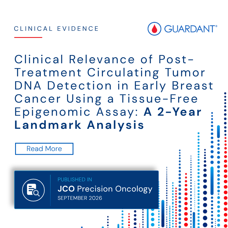 GuardantHealth's tweet photo. #NewResearch in @JCOPO_ASCO highlights the prognostic value of tissue-free MRD testing.

In an analysis of samples from the SUCCESS-A trial, Guardant Reveal® detected molecular residual disease approximately two years after adjuvant chemotherapy, with ctDNA positivity strongly associated with later distant recurrence.

Read more: https://t.co/1M7s05uZDl
