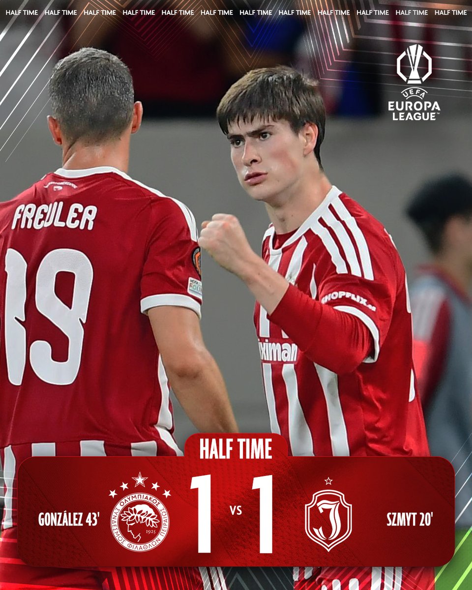 olympiacosfc's tweet photo. Ισόπαλοι στο ημίχρονο.
All square at the break.

#OlympiacosFC #OLYJAG #UEL https://t.co/hqOzsdrdRS