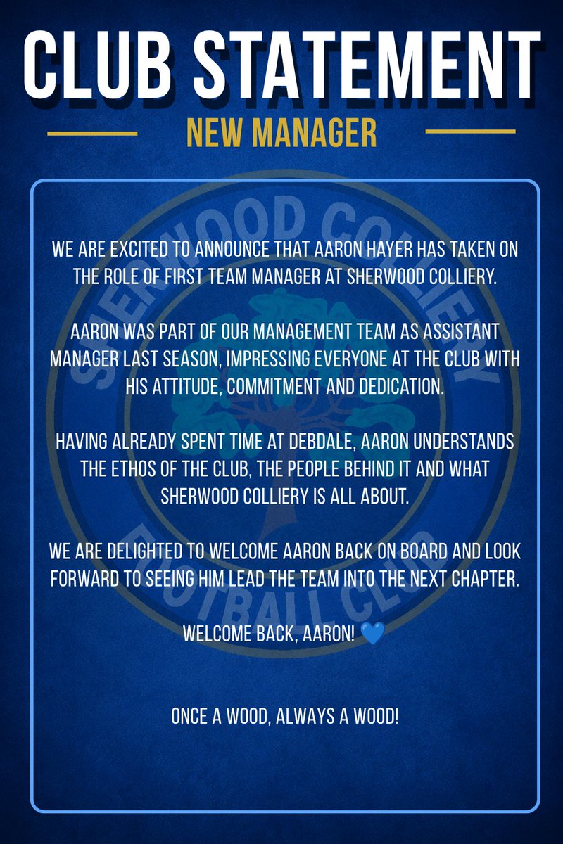 SCFC_08's tweet photo. CLUB ANNOUNCEMENT

We are delighted to announce Aaron Hayer as our new First Team Manager. 🌳💙🖤 https://t.co/jXEQZrs3DY