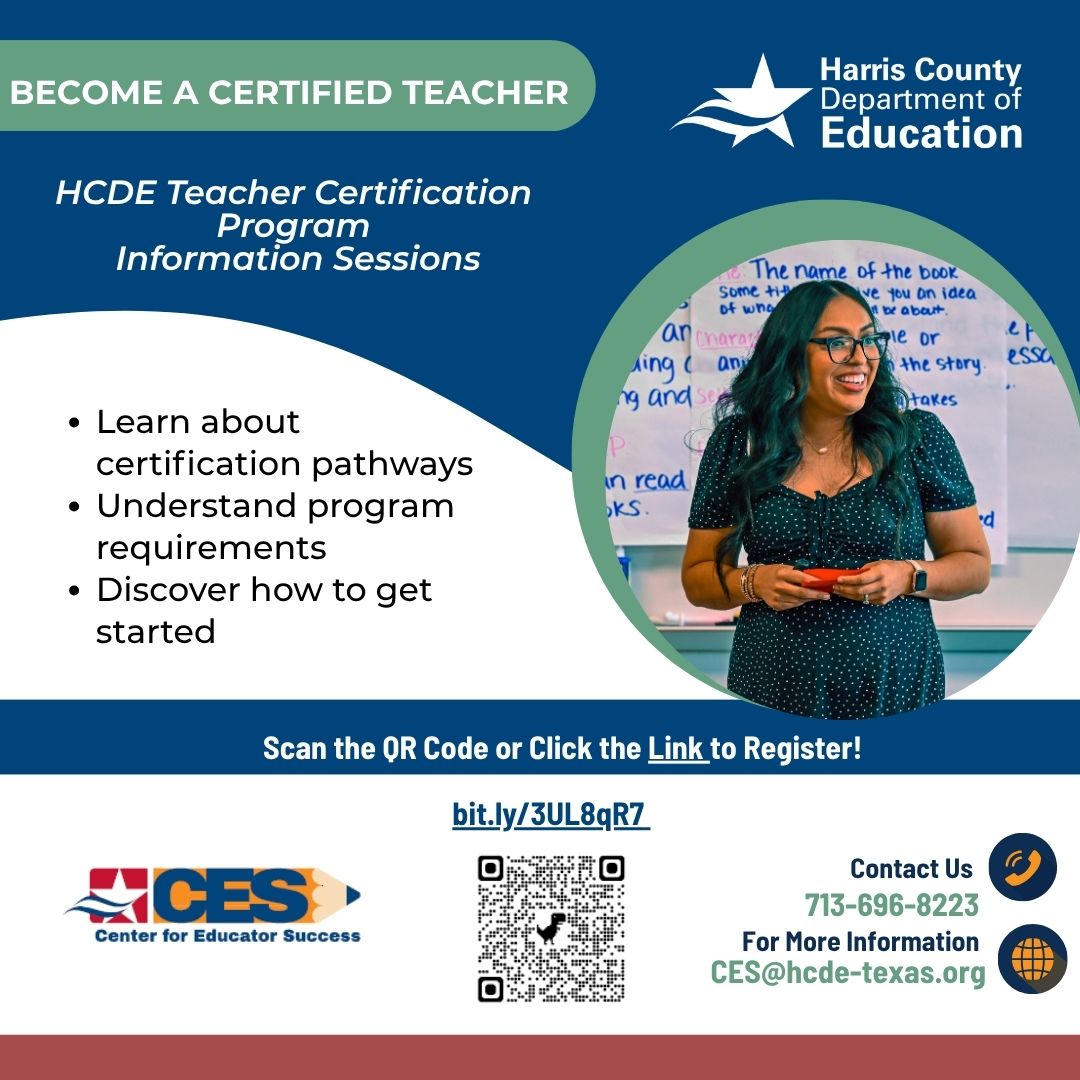 CES_hcde's tweet photo. Your Next Career Move Could Be in the Classroom.

Ready to learn more?
- Choose an upcoming information session
- Scan the QR code or use the registration link below to register
https://t.co/XIHF9qoDTR

#TeacherCertification #FutureTeachers #AlternativeCertification #HCDE https://t.co/B2ccLvoYpk