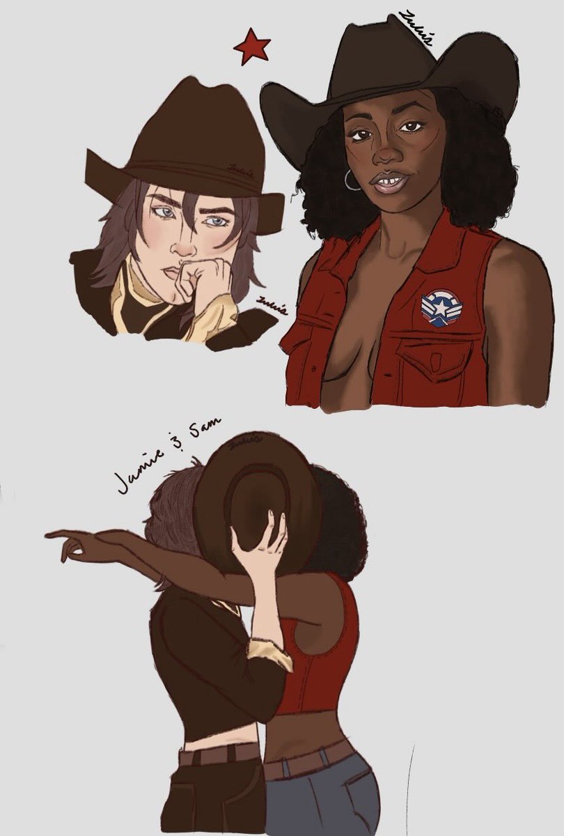 lulumarvlartx's tweet photo. THE FULL THING IS FINALLY PUT TOGETHER! here’s sambucky as cowgirls 🥰🥰🥰

#sambucky #yuri #fanart #mcutwt #cowgirls https://t.co/Unife3x3le
