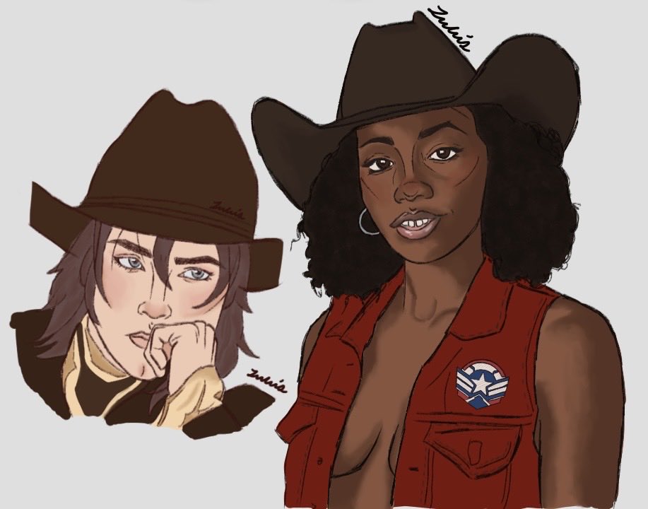 lulumarvlartx's tweet photo. THE FULL THING IS FINALLY PUT TOGETHER! here’s sambucky as cowgirls 🥰🥰🥰

#sambucky #yuri #fanart #mcutwt #cowgirls https://t.co/Unife3x3le