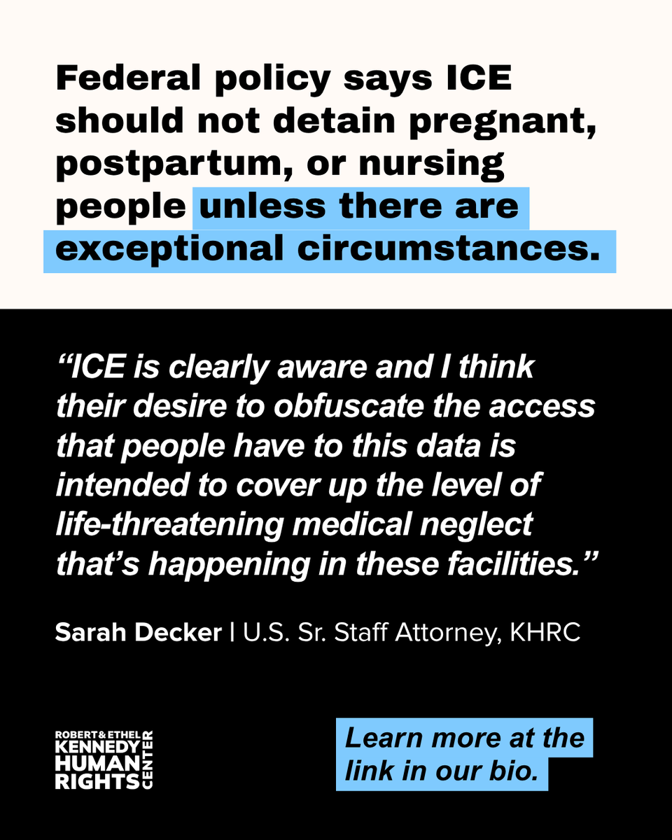 Kennedy_HRC's tweet photo. 1/ Under its own directive, ICE is required to not detain pregnant, postpartum and nursing people absent "exceptional circumstances."

But in defiance of its own policy, ICE has detained a record number of pregnant, postpartum and nursing people and has failed to monitor their health, leading to life-threatening complications, including a record number of miscarriages.

To bury the full scope of this systemic neglect, ICE has stopped tracking miscarriages altogether.
