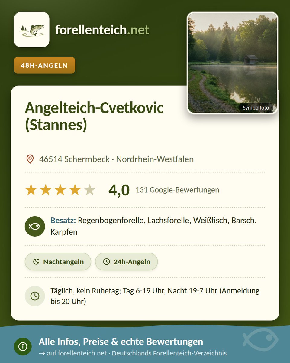 forellenteich's tweet photo. 🎣 Angelteich-Cvetkovic (Stannes) in Schermbeck (Nordrhein-Westfalen) · ⭐ 4 aus 131 Bewertungen
📍 https://t.co/Rj3iUVieoR
#angeln #forellenteich #petriheil https://t.co/t7EcsOAa3k