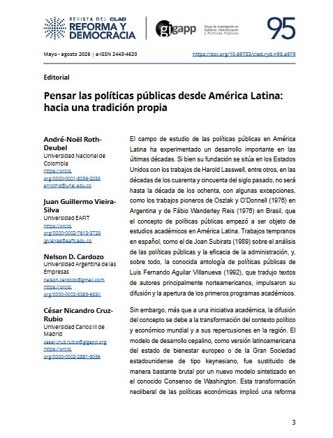 maudussauge's tweet photo. Nuevo número de "Reforma y Democracia" (@CLAD_Org) disponible. Valiosos textos sobre PPs en América Latina en número coeditado por los profes André-Noel Roth (@Andrenoelroth1), Juan Guillermo Vieira, Nelson Cardozo (@ndcardozo) y César Cruz (@cesarncruz): 
https://t.co/GnY88ORsQN https://t.co/0KJkcS0a4F