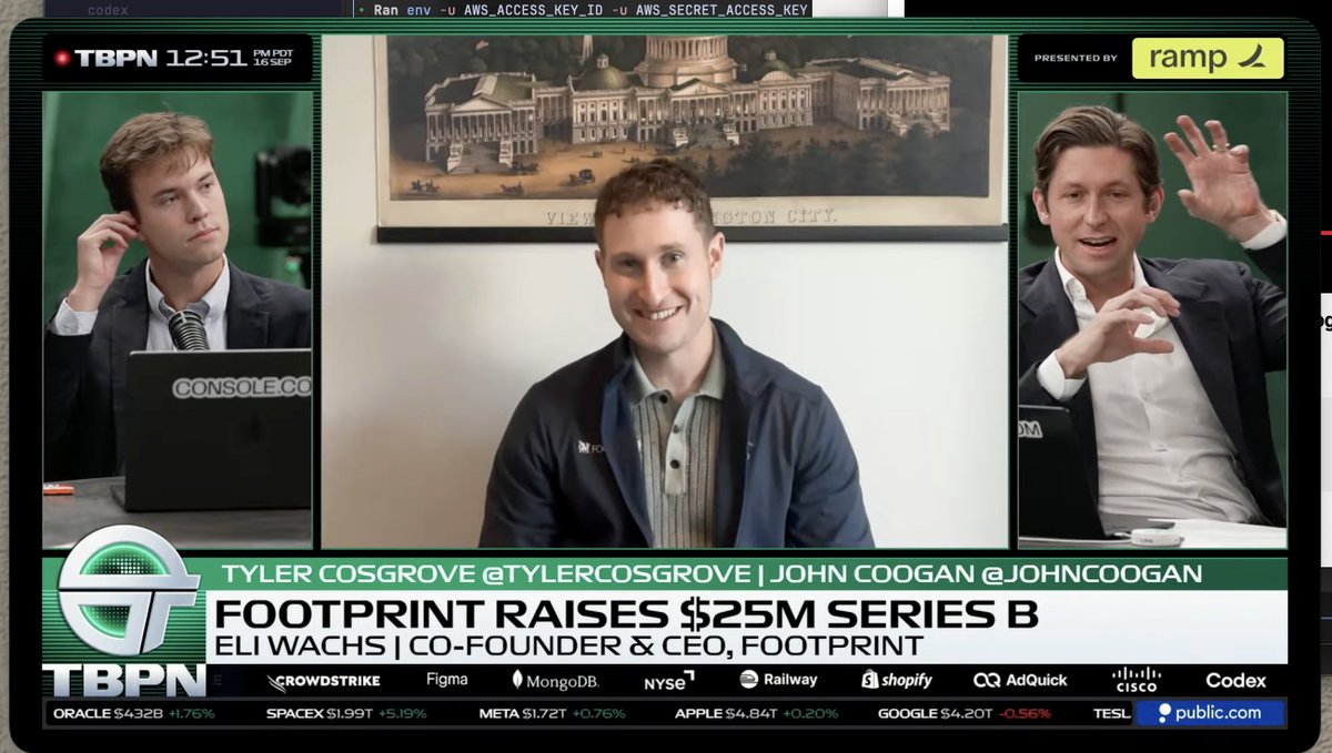 AlexGrinman's tweet photo. couldn't be more proud of my cofounder @EliWachs repping @usefootprint on @tbpn https://t.co/nnAycPJjHe