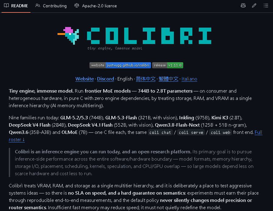 0xKento_'s tweet photo. ESTE REPO ESTA HACIENDO ALGO QUE NO DEBERIA SER POSIBLE

Colibri puede correr modelos de hasta 2.8 TRILLONES de parametros usando el hardware que ya tienes

sin datacenter
sin GPU obligatoria
sin mandar tus prompts a una API

el truco es tratar VRAM + RAM + tu SSD como una sola memoria y cargar solamente los expertos que el modelo necesita en cada momento

ya soporta GLM-5.3, DeepSeek V4.1 Flash, Kimi K3 y otros modelos gigantes

incluso un GLM de 744B puede arrancar con solo 16GB de RAM

obviamente no sera rapido en una PC modesta

pero que pueda correr es la parte absurda

el repo se llama Colibri y esta explotando hoy en GitHub

guardalo