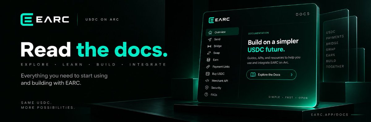 useEARC's tweet photo. If you're still wondering how EARC actually works, don't take our word for it.

Read the docs.

See how EARC handles:

→ Send
→ Bridge
→ Swap
→ Earn
→ Payment links
→ Buy USDC
→ Fees
→ Merchant integrations
Everything is documented.
Explore EARC from the inside out.
Docs → https://t.co/U1Bvok6oVg
$EARC