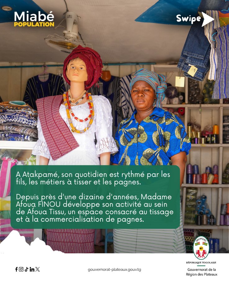GouvPlateaux's tweet photo. Miabé Population : À la rencontre d’AFOUA TISSU

À Atakpamé, le savoir-faire se tisse aussi de fil en fil. À travers Afoua Tissu, Madame Finou Afoua perpétue un héritage artisanal transmis de génération en génération. https://t.co/pPxnXLMm14