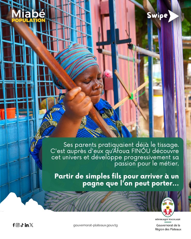 GouvPlateaux's tweet photo. Miabé Population : À la rencontre d’AFOUA TISSU

À Atakpamé, le savoir-faire se tisse aussi de fil en fil. À travers Afoua Tissu, Madame Finou Afoua perpétue un héritage artisanal transmis de génération en génération. https://t.co/pPxnXLMm14