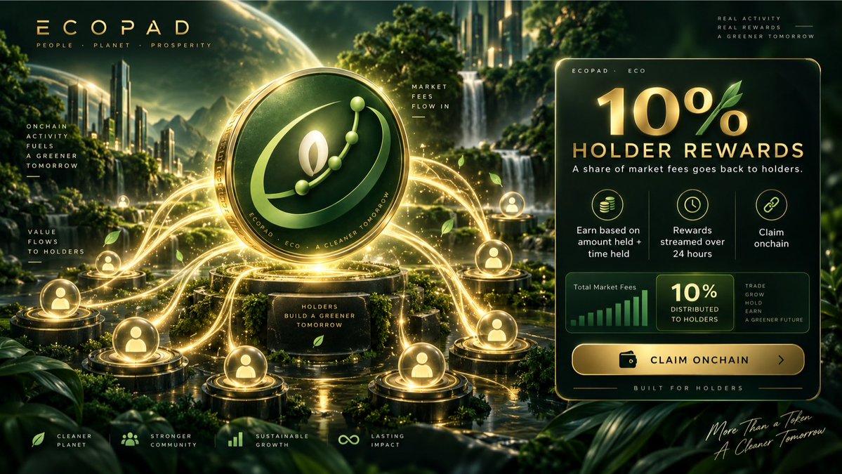 ecopadfun's tweet photo. 10% of ECOPAD market fees are not staying with the platform 📉

They go back to the people holding the token 🔄

For every ECOPAD market, 10% of the fees earned by the permanently locked liquidity position are allocated to holders, with rewards streamed over 24 hours based on how much you hold and how long you hold it ⏳

More activity can mean more fees entering the reward pool 📈

So holders are not just watching the market grow 👀

They are participating in it 🤝

Hold the token
Share in the market activity
Claim your rewards onchain 🌱

That is one of the core ideas behind ECOPAD 💡