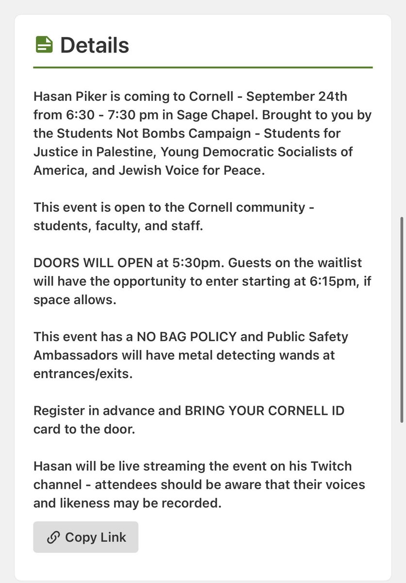 LauraLoomer's tweet photo. EXCLUSIVE:

🚨 Cornell University In Violation Of Their Settlement Agreement With Trump’s White House To Combat Anti-Semitism, Their Federal Funding Should Be Revoked 🚨 

Cornell University is set to host Islamic communist Twitch streamer Hasan Piker @hasanthehun on September 24, 2026, less than one year after signing a settlement agreement with the Trump White House that restored hundreds of millions of dollars in federal research funding to Cornell in exchange for concrete steps to combat campus antisemitism.

The November 2025 settlement deal required Cornell to pay $30 million to the government, invest another $30 million in agricultural research, share admissions data, and conduct annual surveys on whether Jewish students feel safe and whether antisemitism is actually being addressed. Federal grants that had been frozen over post-October 7th campus incidents of extreme Jew hatred and support for Islamic terrorism  were restored.

Source: https://t.co/zeJkWaAZjk

Hosting Piker makes a mockery of those terms and shows the admin isn’t being aggressive enough in upholding these settlements. 

Piker has a well-documented record of rhetoric that Jewish organizations, members of Congress, and campus watchdogs have called anti-Jewish, anti-American, and pro-Islamic terror. He has minimized the October 7th Hamas terrorist attack, referred to Orthodox Jews as “inbred,” suggested American Jews’ support for Israel could invite violence against them in the United States, and he said “America deserved 9/11”. 

Piker routinely frames Hamas’s actions more sympathetically than Israel’s and said he would vote for Hamas over Israel. 
Piker also said his favorite flag is the Hezbollah flag. 

What’s the point of these settlements if the Trump administration isn’t going to enforce them? 

Cornell should be forced to cancel Piker’s event or be found to be in violation of their settlement agreement with the Trump administration and have all of their federal funding revoked. 

The event is being hosted by Cornell’s Students For Justice in Palestine (SJP) chapter. SJP has been found to have ties to pro-Hamas and Muslim Brotherhood organizations, both of which explicitly make it their goal and mission to kill Jews. 

This event is a violation of the Trump administration’s settlement with Cornell. 

Was it just a piece of paper for show? Or will the Trump administration actually enforce their own settlement and hold Cornell accountable? 

I have reached out to the White House and DOJ for comment. 

@HarmeetKDhillon @StephenM @AGToddBlanche @EDSecMcMahon 
@LeoTerrellDOJ 

👇🏻