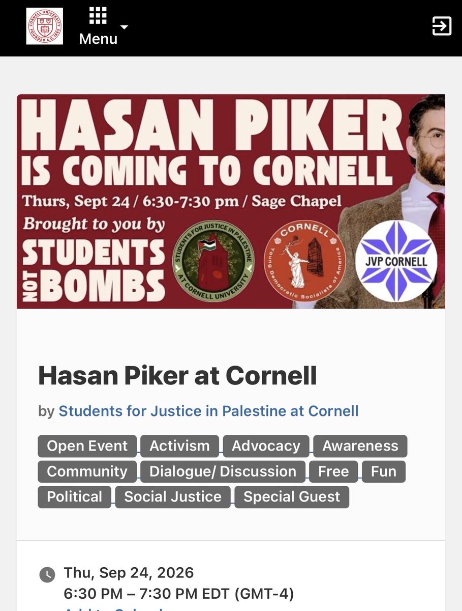 LauraLoomer's tweet photo. EXCLUSIVE:

🚨 Cornell University In Violation Of Their Settlement Agreement With Trump’s White House To Combat Anti-Semitism, Their Federal Funding Should Be Revoked 🚨 

Cornell University is set to host Islamic communist Twitch streamer Hasan Piker @hasanthehun on September 24, 2026, less than one year after signing a settlement agreement with the Trump White House that restored hundreds of millions of dollars in federal research funding to Cornell in exchange for concrete steps to combat campus antisemitism.

The November 2025 settlement deal required Cornell to pay $30 million to the government, invest another $30 million in agricultural research, share admissions data, and conduct annual surveys on whether Jewish students feel safe and whether antisemitism is actually being addressed. Federal grants that had been frozen over post-October 7th campus incidents of extreme Jew hatred and support for Islamic terrorism  were restored.

Source: https://t.co/zeJkWaAZjk

Hosting Piker makes a mockery of those terms and shows the admin isn’t being aggressive enough in upholding these settlements. 

Piker has a well-documented record of rhetoric that Jewish organizations, members of Congress, and campus watchdogs have called anti-Jewish, anti-American, and pro-Islamic terror. He has minimized the October 7th Hamas terrorist attack, referred to Orthodox Jews as “inbred,” suggested American Jews’ support for Israel could invite violence against them in the United States, and he said “America deserved 9/11”. 

Piker routinely frames Hamas’s actions more sympathetically than Israel’s and said he would vote for Hamas over Israel. 
Piker also said his favorite flag is the Hezbollah flag. 

What’s the point of these settlements if the Trump administration isn’t going to enforce them? 

Cornell should be forced to cancel Piker’s event or be found to be in violation of their settlement agreement with the Trump administration and have all of their federal funding revoked. 

The event is being hosted by Cornell’s Students For Justice in Palestine (SJP) chapter. SJP has been found to have ties to pro-Hamas and Muslim Brotherhood organizations, both of which explicitly make it their goal and mission to kill Jews. 

This event is a violation of the Trump administration’s settlement with Cornell. 

Was it just a piece of paper for show? Or will the Trump administration actually enforce their own settlement and hold Cornell accountable? 

I have reached out to the White House and DOJ for comment. 

@HarmeetKDhillon @StephenM @AGToddBlanche @EDSecMcMahon 
@LeoTerrellDOJ 

👇🏻