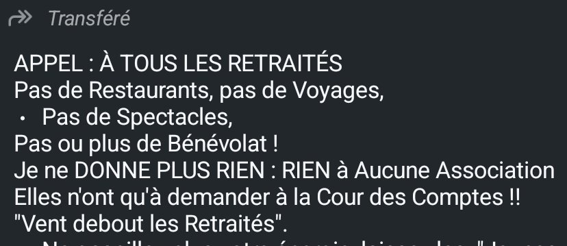 AstridQuiTwitte's tweet photo. Message lunaire transféré des centaines de fois dans les réseaux boomers.

Les retraités se mettent en grève :
❌️ pas de restaurants
❌️ ni voyages 
❌️ ni spectacles

Ils pensent avoir une contribution immense au pays en... dépensant le fruit du travail des actifs. https://t.co/dZDc6FT4Al