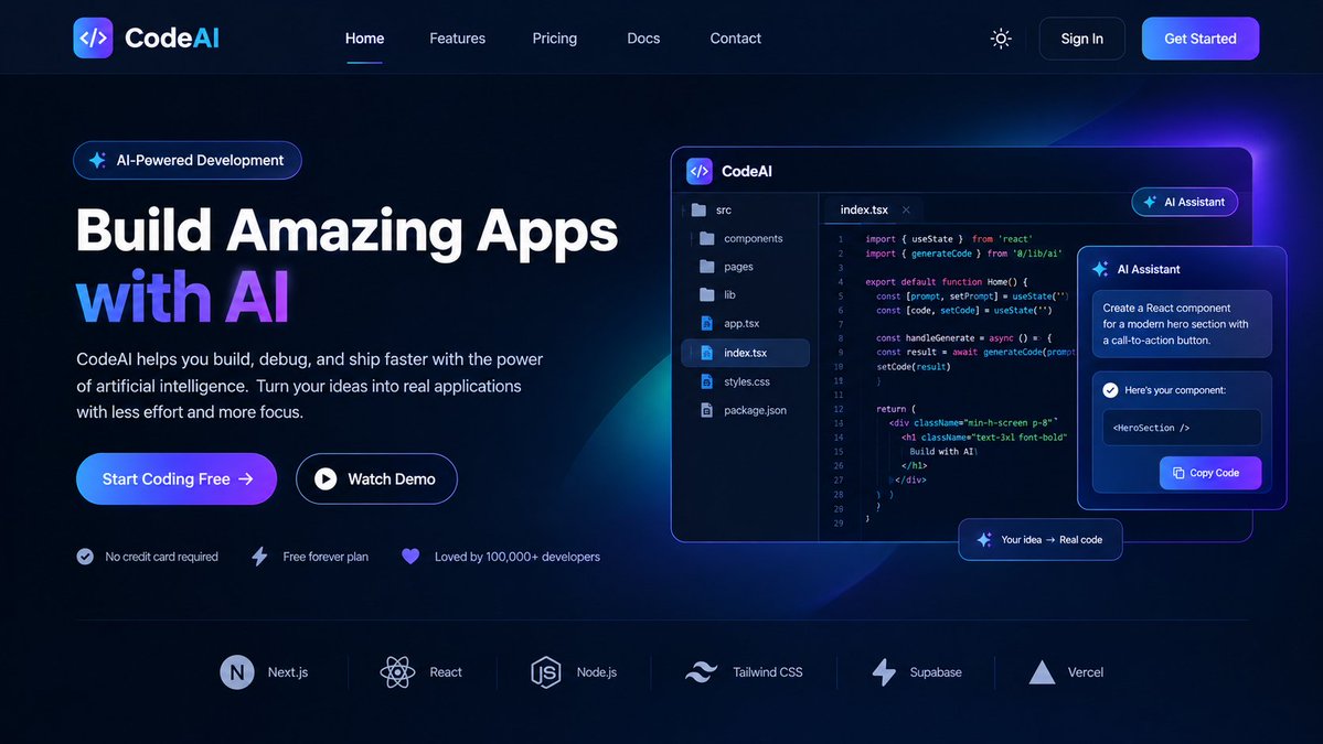 LovethDev's tweet photo. Built a modern AI coding website 

AI powered development, smart debugging, code generation, and fast deployment all in one place.

Building faster. Coding smarter. ⚡

#AI #WebDevelopment #Coding #SaaS https://t.co/qGF91HylQo