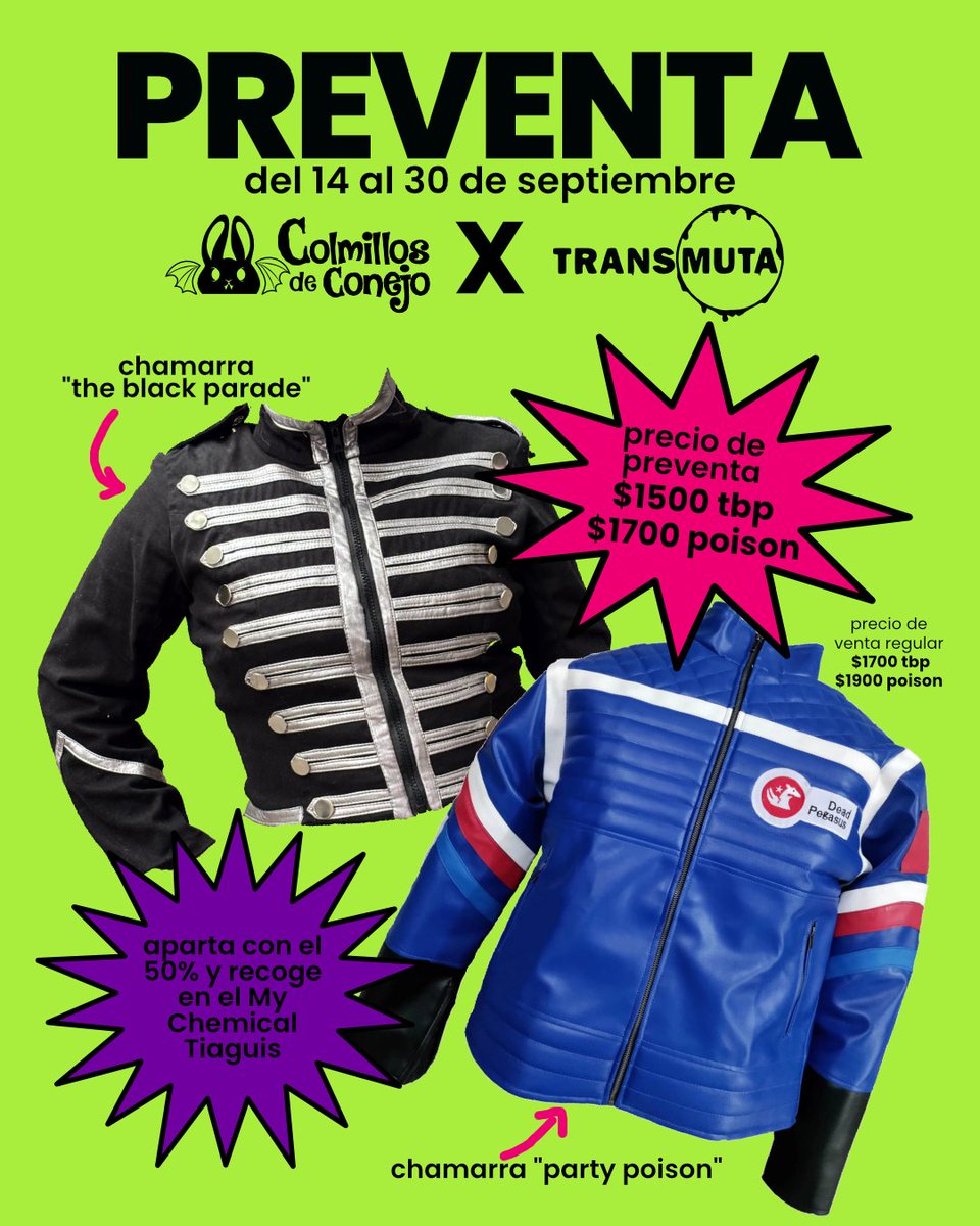 colmillosconejo's tweet photo. En Colmillos de Conejo estamos muy felices de colaborar con @/transmu.ta, para traerles esta línea de chamarras réplicas de The Black Parade y de Party Poison que podrán encontrar exclusivamente en la 3ra edición del My Chemical Tianguis, a cargo de @/chicxsdosmilerxs https://t.co/woQBuLVRqD