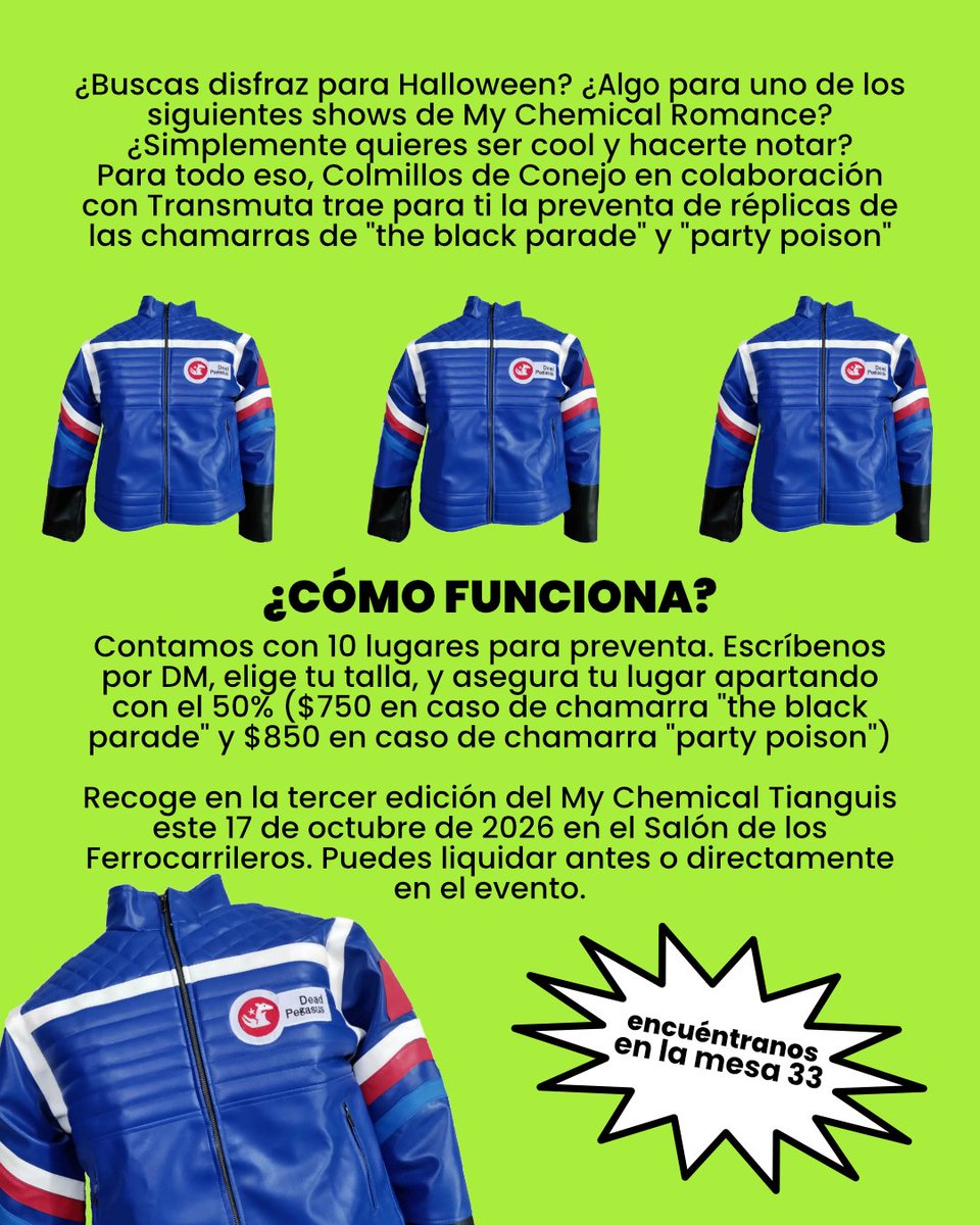 colmillosconejo's tweet photo. En Colmillos de Conejo estamos muy felices de colaborar con @/transmu.ta, para traerles esta línea de chamarras réplicas de The Black Parade y de Party Poison que podrán encontrar exclusivamente en la 3ra edición del My Chemical Tianguis, a cargo de @/chicxsdosmilerxs https://t.co/woQBuLVRqD