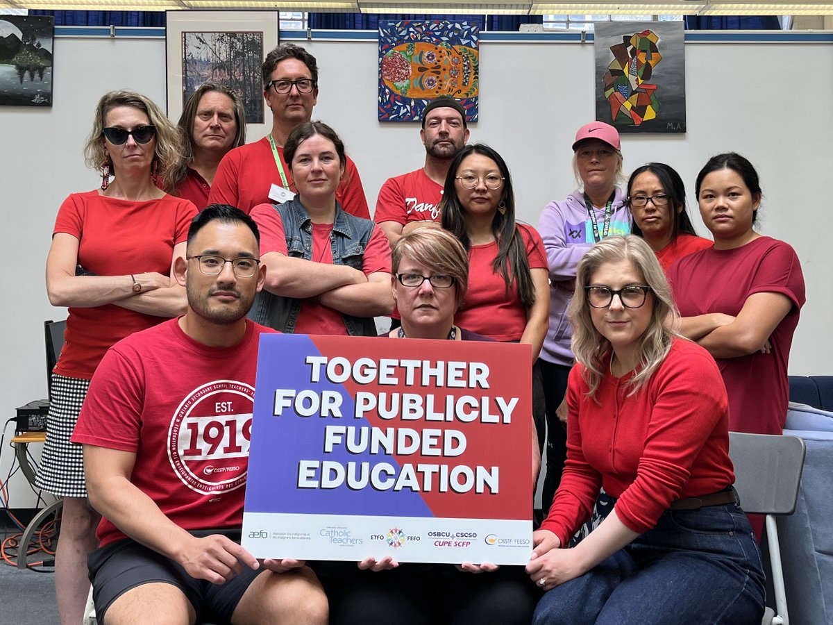 OSSTFtoronto's tweet photo. Teachers at Greenwood &amp; Danforth, Weston CI and Contact Alt. are standing strong on this Day of Action! #OntEdUnited #Red4Ed #Onted https://t.co/MGnNP7AGJb