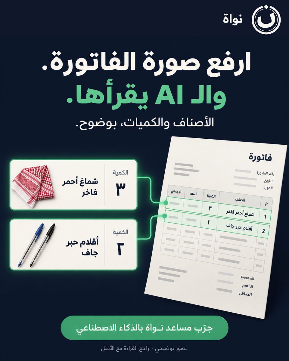 nawaherp's tweet photo. ارفع صورة الفاتورة.
والـ AI يقرأها.

وش أول ملف بتبدأ فيه؟
#نواة
بحسب تفعيل المساعد. https://t.co/ED6sKUBuoN