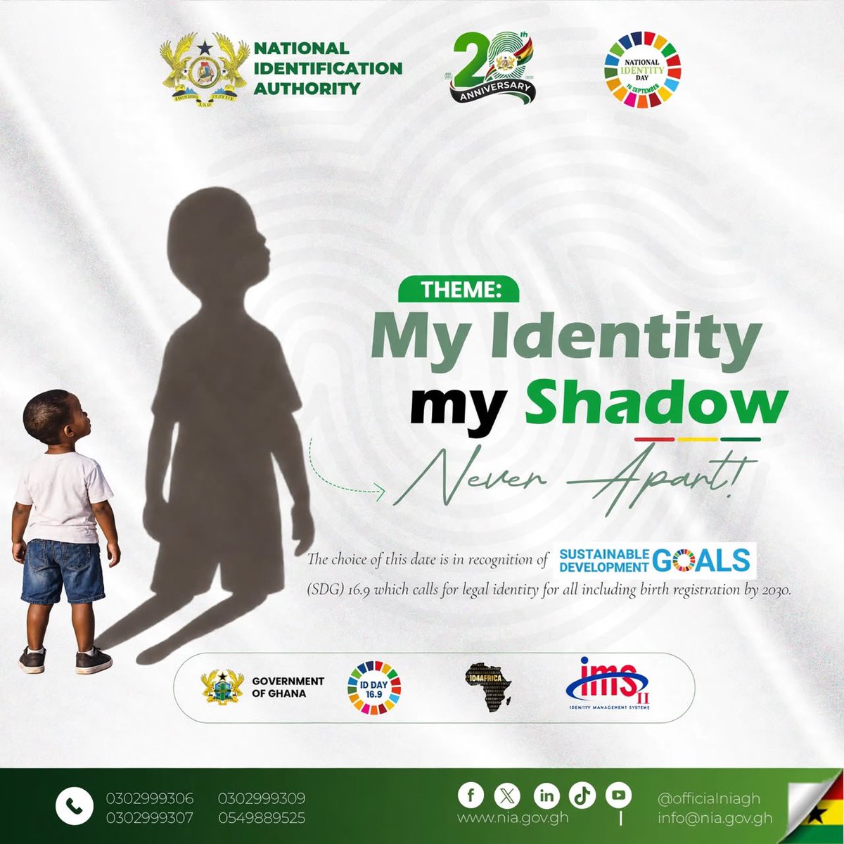 officialNIAGH's tweet photo. The National Identification Authority (NIA) joins the global community in commemorating Identity Day 2026 on Wednesday, 16 September 2026, reaffirming the fundamental importance of legal identity for all.

This year’s theme, “My Identity, My Shadow — Never Apart,” highlights the enduring connection between individuals and their legal identity. It reminds us that identity is more than a document or identification number; it is an essential part of who we are and a gateway to accessing vital services, exercising our rights, and participating fully in society.

As Ghana continues to strengthen its national identification system, the NIA remains committed to ensuring that every eligible person can establish and securely use a trusted legal identity.

On this Identity Day, we celebrate the power of identity and renew our commitment to building an inclusive society where every individual is recognised, every identity is protected, and no one is left behind.