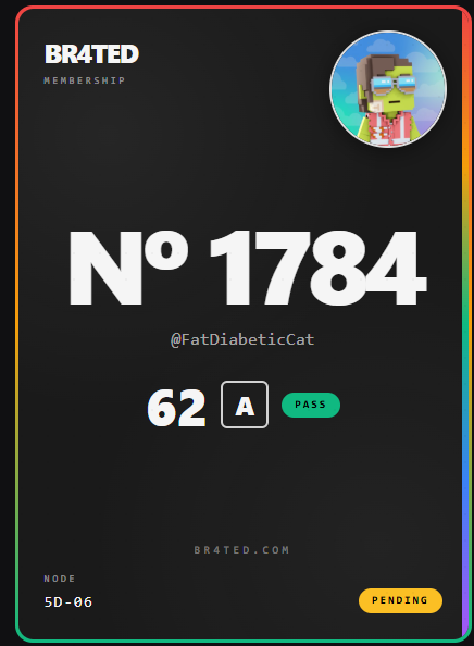 FatDiabeticCat's tweet photo. I’ve been collecting and trading NFTs since 2020. 

I’ve watched countless projects come and go, but what always keeps me around is the people, the collectors, and the knowledge you pick up along the way.

I applied for @BR4ted  and I’d genuinely love the chance to contribute, learn from the people inside, and hopefully discover some early plays along the way.